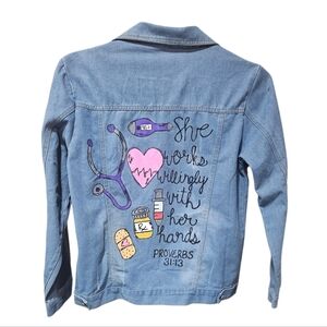 Custom Nurse Denim Jacket 2XL Hand Painted Proverbs 31:13 Medical Stethoscope